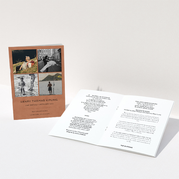 A funeral order of service named "Many Photos. It is an A5 booklet in a portrait orientation. It is a photographic funeral order of service with room for 4 photos. "Many Photos" is available as a folded booklet booklet, with splashes of orange.