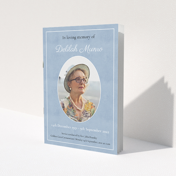 A funeral order of service named 'Oval Frame. It is an A5 booklet in a portrait orientation. It is a photographic funeral order of service with room for 1 photo. 'Oval Frame' is available as a folded booklet booklet, with neutral tones.