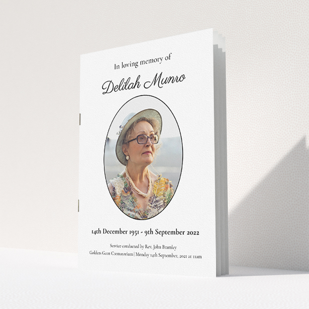 A funeral order of service named "Oval Frame. It is an A5 booklet in a portrait orientation. It is a photographic funeral order of service with room for 1 photo. "Oval Frame" is available as a folded booklet booklet, with tones of white and black.