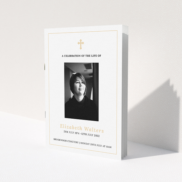 A funeral order of service named 'Simple and Straightforward. It is an A5 booklet in a portrait orientation. It is a photographic funeral program with room for 1 photo. 'Simple and Straightforward' is available as a folded booklet booklet, with tones of white and yellow.