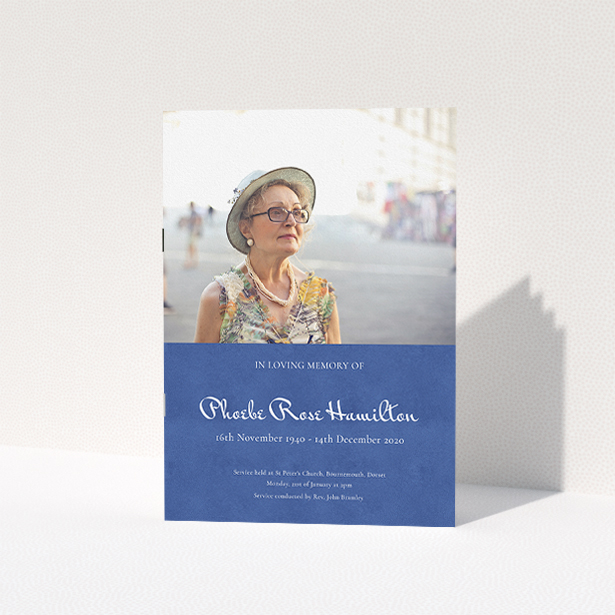 A funeral order of service named "Simple Elegance. It is an A5 booklet in a portrait orientation. It is a photographic funeral order of service with room for 1 photo. "Simple Elegance" is available as a folded booklet booklet, with neutral tones.