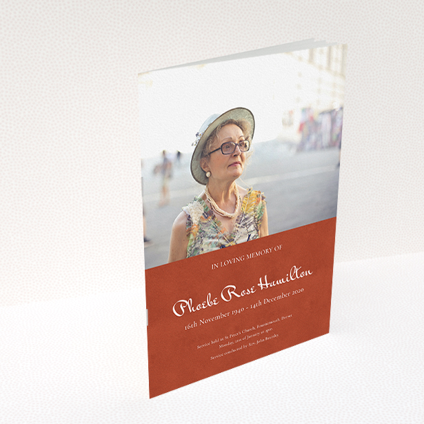 A funeral order of service named "Simple Elegance. It is an A5 booklet in a portrait orientation. It is a photographic funeral order of service with room for 1 photo. "Simple Elegance" is available as a folded booklet booklet, with splashes of red.