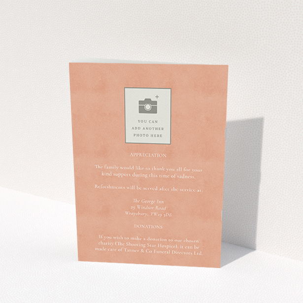 A funeral order of service named "Simple Elegance. It is an A5 booklet in a portrait orientation. It is a photographic funeral order of service with room for 1 photo. "Simple Elegance" is available as a folded booklet booklet, with splashes of light pink.