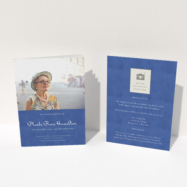 A funeral order of service named "Simple Elegance. It is an A5 booklet in a portrait orientation. It is a photographic funeral order of service with room for 1 photo. "Simple Elegance" is available as a folded booklet booklet, with neutral tones.