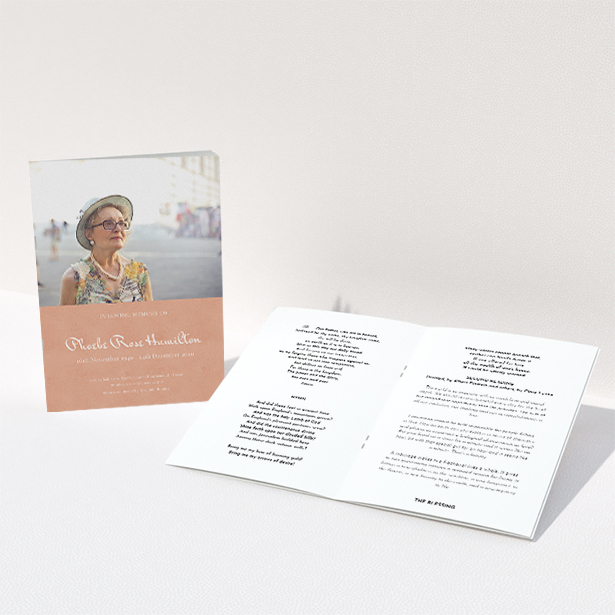 A funeral order of service named "Simple Elegance. It is an A5 booklet in a portrait orientation. It is a photographic funeral order of service with room for 1 photo. "Simple Elegance" is available as a folded booklet booklet, with splashes of light pink.