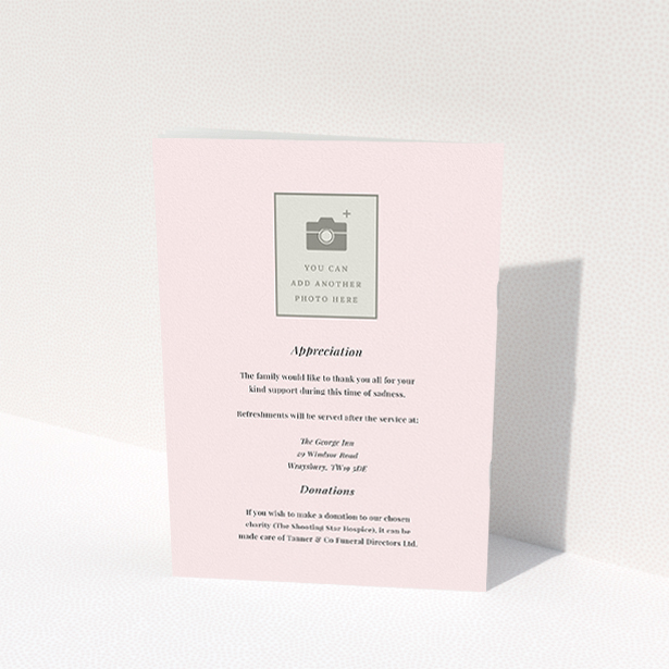 A funeral order of service named "Simple Portrait. It is an A5 booklet in a portrait orientation. It is a photographic funeral order of service with room for 1 photo. "Simple Portrait" is available as a folded booklet booklet, with splashes of light pink.