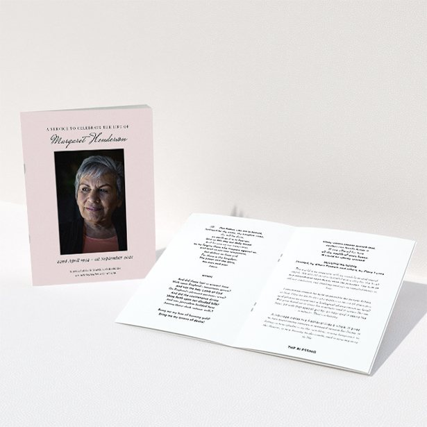 A funeral order of service named "Simple Portrait. It is an A5 booklet in a portrait orientation. It is a photographic funeral order of service with room for 1 photo. "Simple Portrait" is available as a folded booklet booklet, with splashes of light pink.