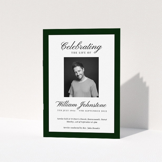 A funeral order of service named "Stoic Border. It is an A5 booklet in a portrait orientation. It is a photographic funeral order of service with room for 1 photo. "Stoic Border" is available as a folded booklet booklet, with splashes of white.