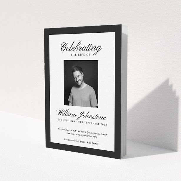A funeral order of service named 'Stoic Border. It is an A5 booklet in a portrait orientation. It is a photographic funeral program with room for 1 photo. 'Stoic Border' is available as a folded booklet booklet, with tones of white and black.