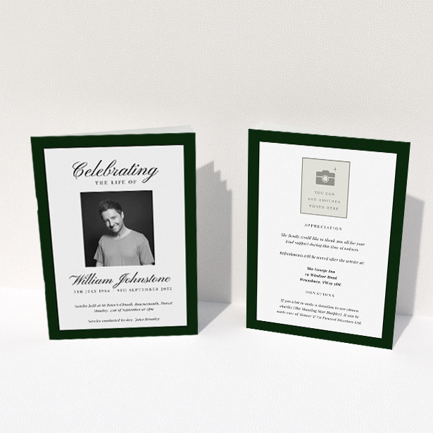 A funeral order of service named "Stoic Border. It is an A5 booklet in a portrait orientation. It is a photographic funeral order of service with room for 1 photo. "Stoic Border" is available as a folded booklet booklet, with splashes of white.