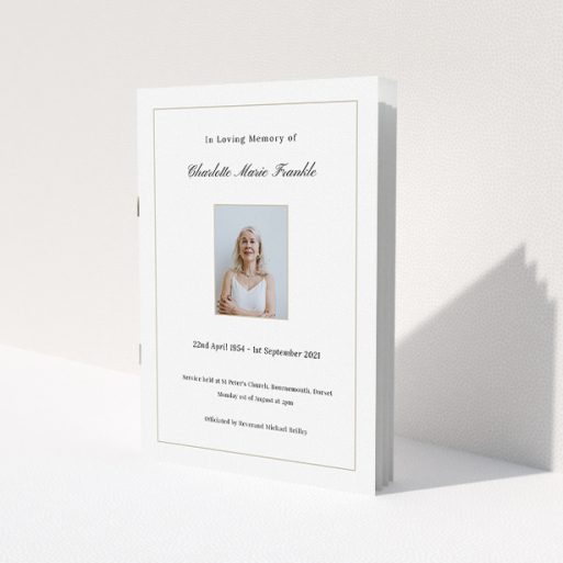A funeral order of service named 'Straightforward. It is an A5 booklet in a portrait orientation. It is a photographic funeral program with room for 1 photo. 'Straightforward' is available as a folded booklet booklet, with tones of white and yellow.