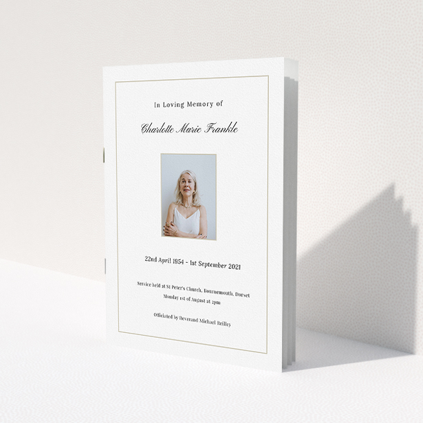 A funeral order of service named "Straightforward. It is an A5 booklet in a portrait orientation. It is a photographic funeral program with room for 1 photo. "Straightforward" is available as a folded booklet booklet, with tones of white and yellow.