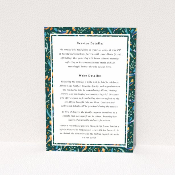 Funeral announcement card reverse side design with green floral border and text details Portrait