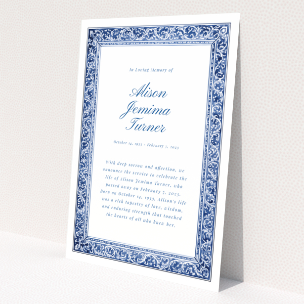 Funeral announcement card with decorative blue border and text in the centre