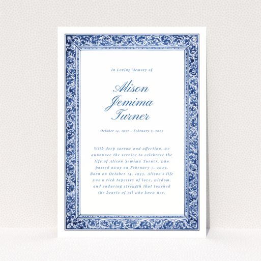 Funeral announcement card with decorative blue border and text in the centre