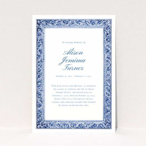 Funeral announcement card with decorative blue border and text in the centre