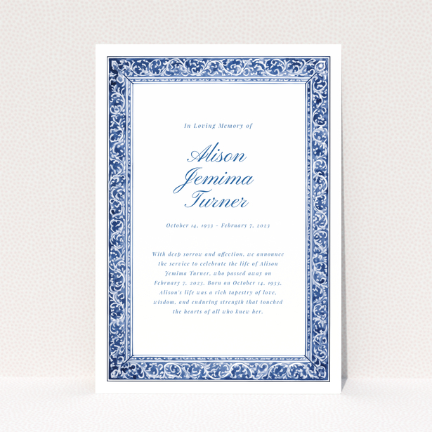 Funeral announcement card with decorative blue border and text in the centre