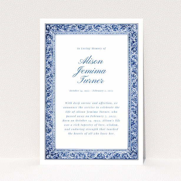 Funeral announcement card with decorative blue border and text in the centre