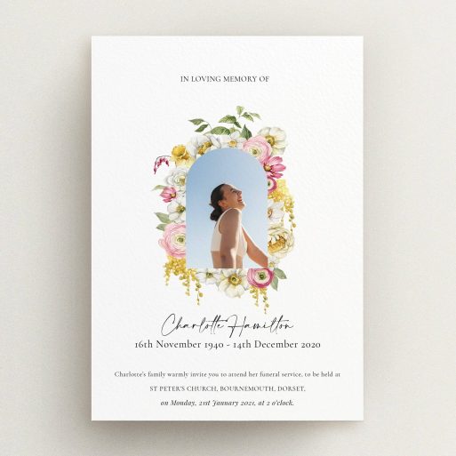 Funeral announcement with floral design and one photo placeholder