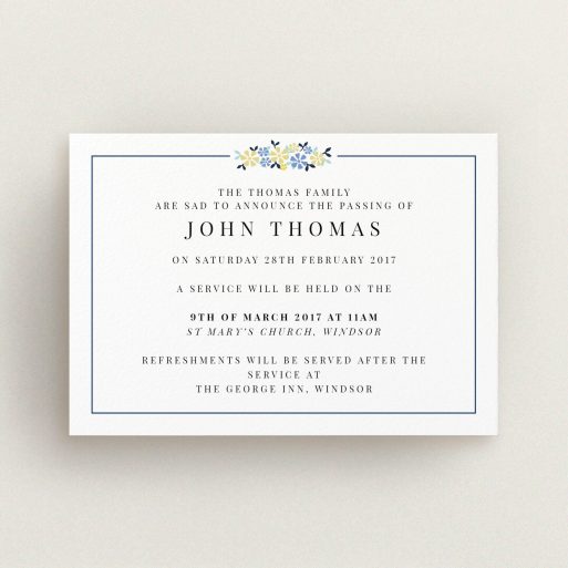 A funeral announcement card design called "A celebration and flowers". It is an A6 card in a landscape orientation. "A celebration and flowers" is available as a flat card, with tones of white and blue.