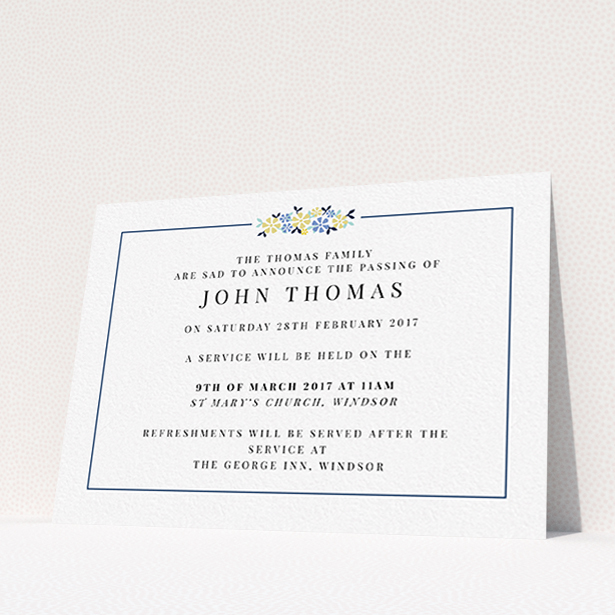 A funeral announcement card design called "A celebration and flowers". It is an A6 card in a landscape orientation. "A celebration and flowers" is available as a flat card, with tones of white and blue.