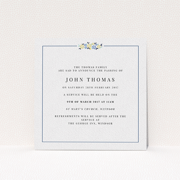 A funeral announcement card called "A celebration and flowers". It is a square (148mm x 148mm) card in a square orientation. "A celebration and flowers" is available as a flat card, with tones of white and blue.