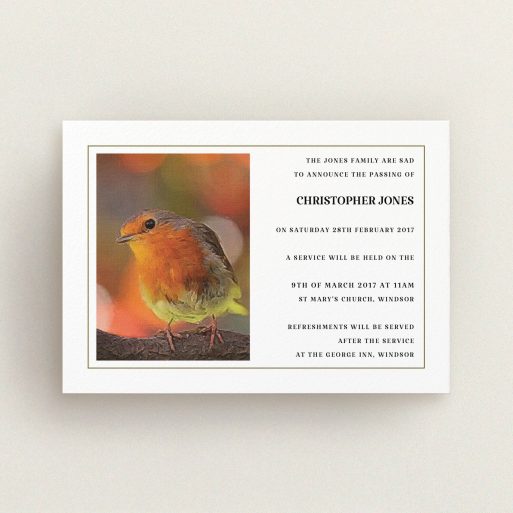 A funeral announcement card design named "A touch of autumn". It is an A6 card in a landscape orientation. "A touch of autumn" is available as a flat card, with tones of white, orange and brown.