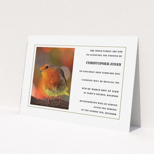 A funeral announcement card design named 'A touch of autumn'. It is an A6 card in a landscape orientation. 'A touch of autumn' is available as a flat card, with tones of white, orange and brown.