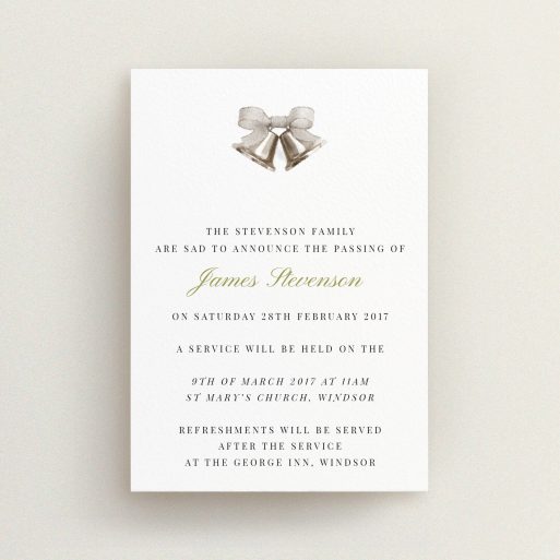A funeral announcement card design titled "Bells of colour". It is an A6 card in a portrait orientation. "Bells of colour" is available as a flat card, with tones of white and gold.