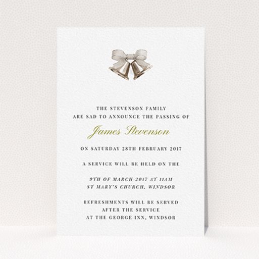 A funeral announcement card design titled "Bells of colour". It is an A6 card in a portrait orientation. "Bells of colour" is available as a flat card, with tones of white and gold.