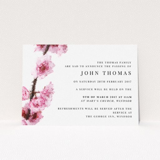 A funeral announcement card design named "Blossom at an angle". It is an A5 card in a landscape orientation. "Blossom at an angle" is available as a flat card, with tones of pink and white.