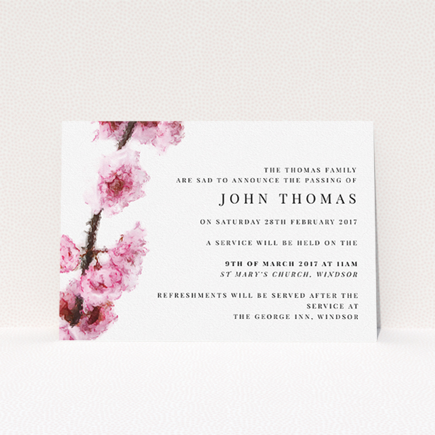 A funeral announcement card design named "Blossom at an angle". It is an A5 card in a landscape orientation. "Blossom at an angle" is available as a flat card, with tones of pink and white.