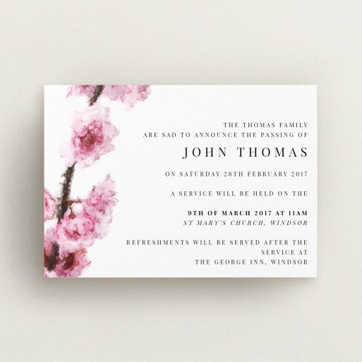 A funeral announcement card named "Blossom at an angle". It is an A6 card in a landscape orientation. "Blossom at an angle" is available as a flat card, with tones of pink and white.