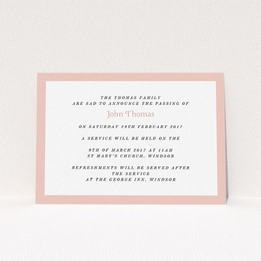 A funeral announcement card named "Broad pink". It is an A5 card in a landscape orientation. "Broad pink" is available as a flat card, with tones of pink and white.