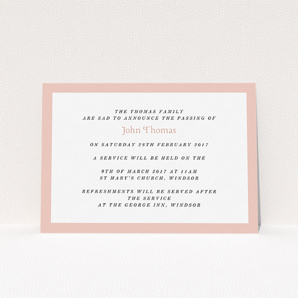 A funeral announcement card named "Broad pink". It is an A5 card in a landscape orientation. "Broad pink" is available as a flat card, with tones of pink and white.