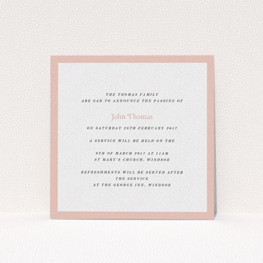 A funeral announcement card called "Broad pink". It is a square (148mm x 148mm) card in a square orientation. "Broad pink" is available as a flat card, with tones of pink and white.