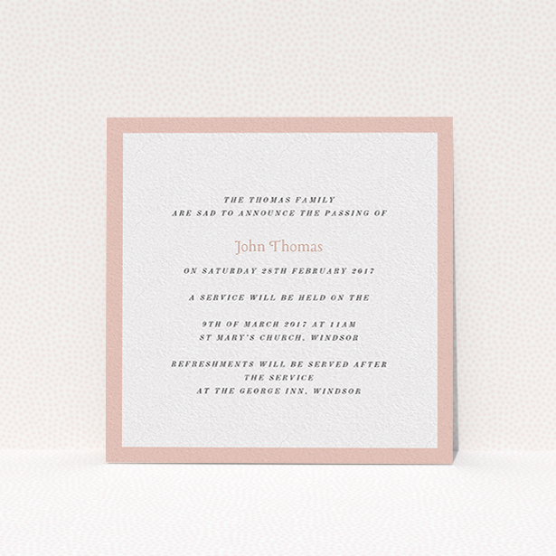 A funeral announcement card called "Broad pink". It is a square (148mm x 148mm) card in a square orientation. "Broad pink" is available as a flat card, with tones of pink and white.