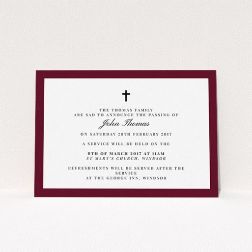 A funeral announcement card template titled "Classic border". It is an A5 card in a landscape orientation. "Classic border" is available as a flat card, with tones of burgundy and white.