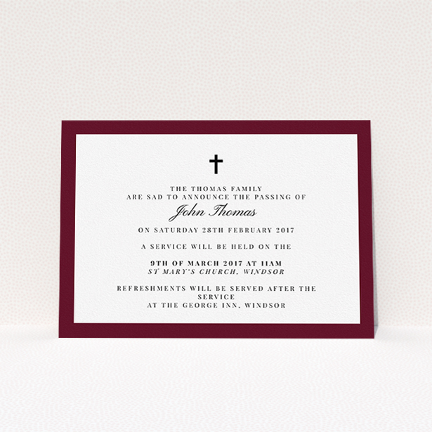 A funeral announcement card template titled "Classic border". It is an A5 card in a landscape orientation. "Classic border" is available as a flat card, with tones of burgundy and white.
