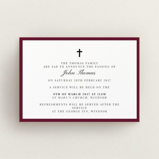 A funeral announcement card design titled "Classic border". It is an A6 card in a landscape orientation. "Classic border" is available as a flat card, with tones of burgundy and white.