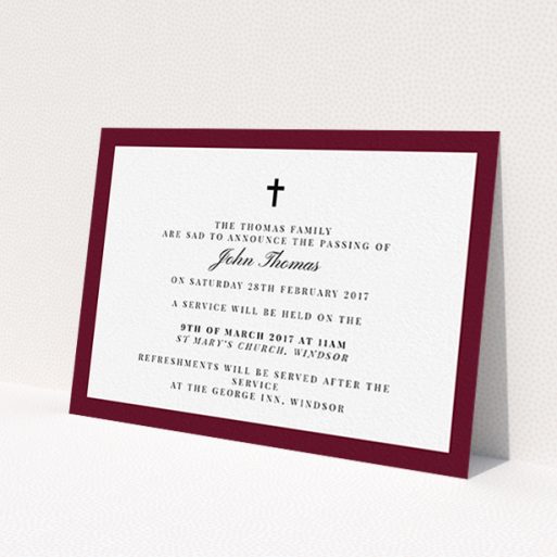 A funeral announcement card design titled 'Classic border'. It is an A6 card in a landscape orientation. 'Classic border' is available as a flat card, with tones of burgundy and white.