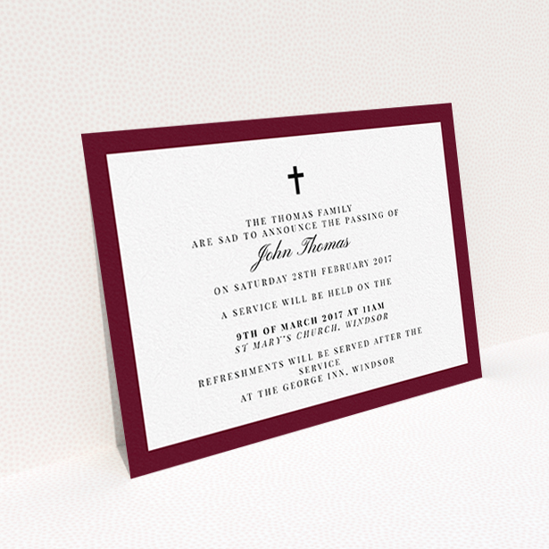 A funeral announcement card design titled "Classic border". It is an A6 card in a landscape orientation. "Classic border" is available as a flat card, with tones of burgundy and white.