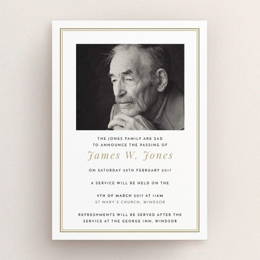 A funeral announcement card template titled "Classic remembrance". It is an A5 card in a portrait orientation. It is a photographic funeral announcement card with room for 1 photo. "Classic remembrance" is available as a flat card, with tones of gold and white.