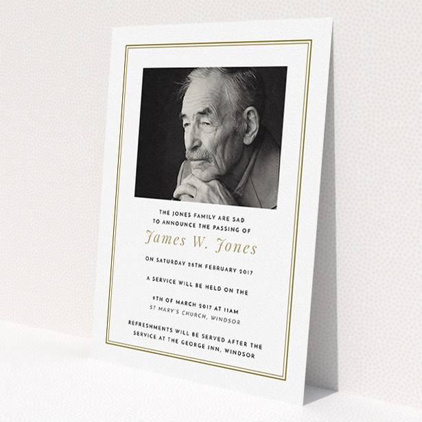A funeral announcement card template titled 'Classic remembrance'. It is an A5 card in a portrait orientation. It is a photographic funeral announcement card with room for 1 photo. 'Classic remembrance' is available as a flat card, with tones of gold and white.