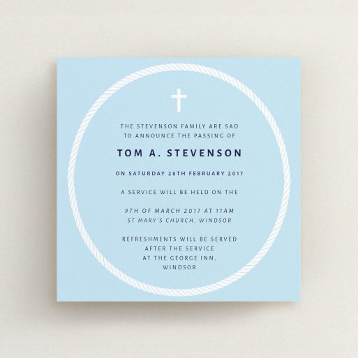 A funeral announcement card design called "Complete not". It is a square (148mm x 148mm) card in a square orientation. "Complete not" is available as a flat card, with tones of blue and white.