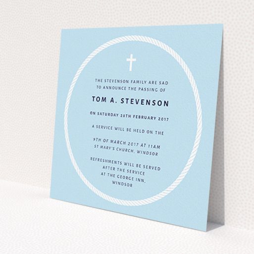 A funeral announcement card design called 'Complete not'. It is a square (148mm x 148mm) card in a square orientation. 'Complete not' is available as a flat card, with tones of blue and white.