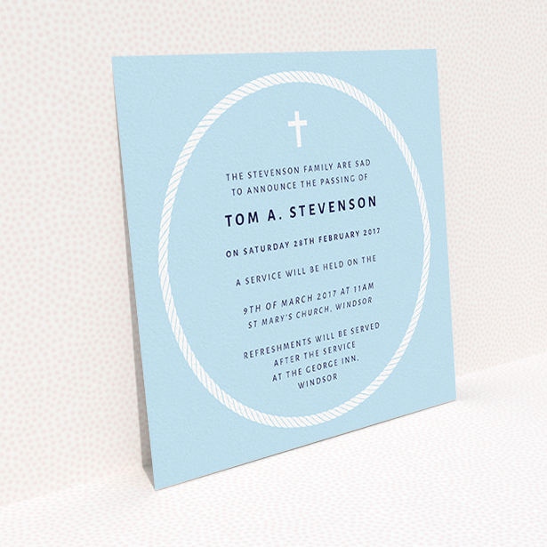 A funeral announcement card design called "Complete not". It is a square (148mm x 148mm) card in a square orientation. "Complete not" is available as a flat card, with tones of blue and white.