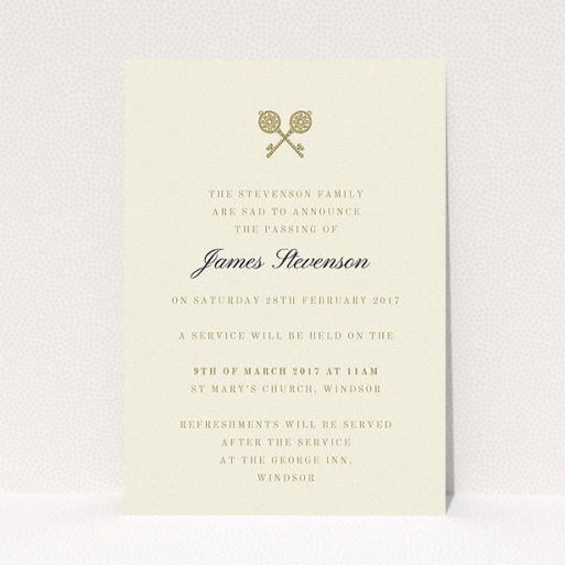 A funeral announcement card called "Cross Keys". It is an A5 card in a portrait orientation. "Cross Keys" is available as a flat card, with tones of cream and gold.