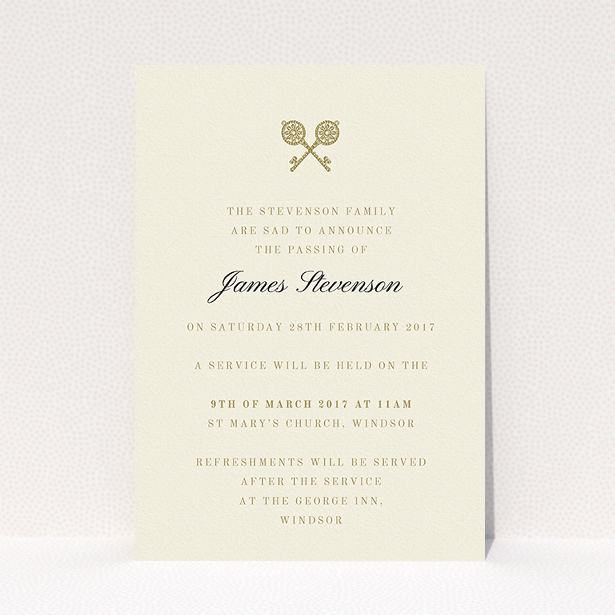 A funeral announcement card called "Cross Keys". It is an A5 card in a portrait orientation. "Cross Keys" is available as a flat card, with tones of cream and gold.