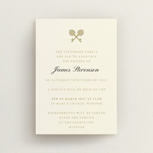 A funeral announcement card design called "Cross Keys". It is an A6 card in a portrait orientation. "Cross Keys" is available as a flat card, with tones of cream and gold.